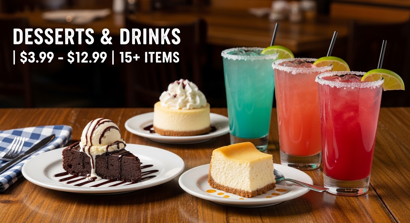 Texas Roadhouse Desserts and Drinks menu with pictures showing brownie, cheesecake, ice cream, and legendary margaritas